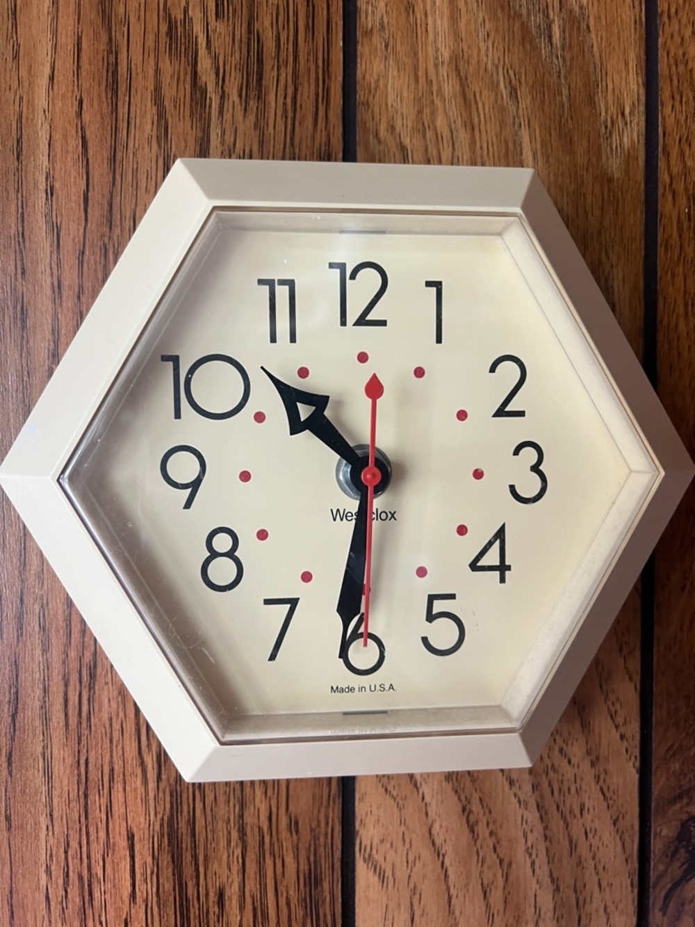 Westclox Cream Hexagon Wall Clock with Red Accents Vintage 70's